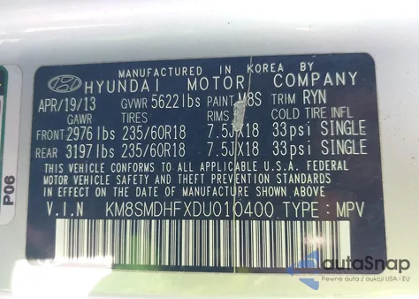 2013 Hyundai Santa Fe Gls from USA, damaged, VIN KM8SMDHFXDU010400